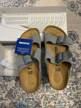 Birkenstock Arizona Two-Strap Sandals in Light Blue-Gray Suede